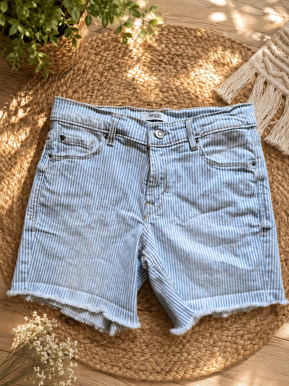 kenzie Light Blue & White Pinstripe Denim Bermudas